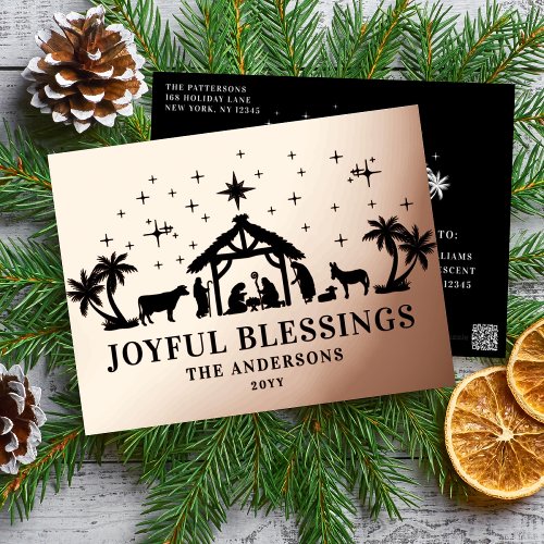 Religious Christmas Joyous Blessings Manger Holy Foil Holiday Postcard