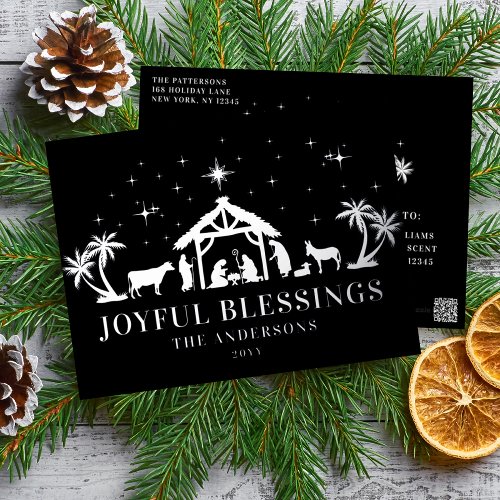 Religious Christmas Joyous Blessings Manger Holy Foil Holiday Postcard