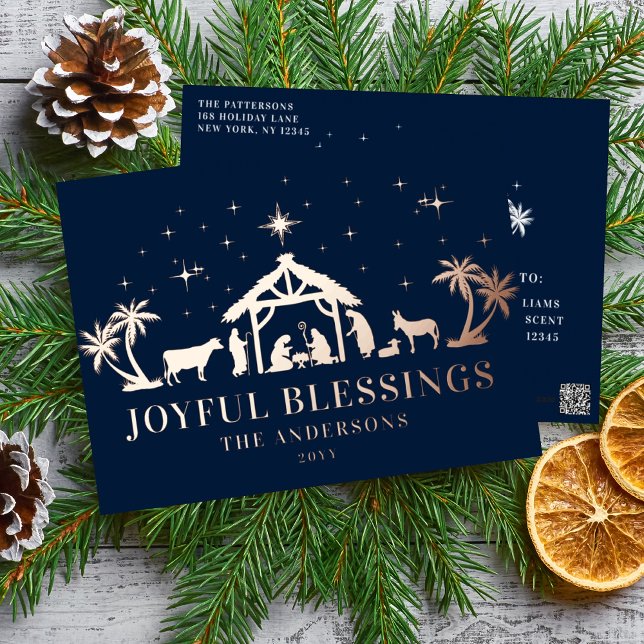 Religious Christmas Joyous Blessings Manger Holy Foil Holiday Postcard (Creator Uploaded)