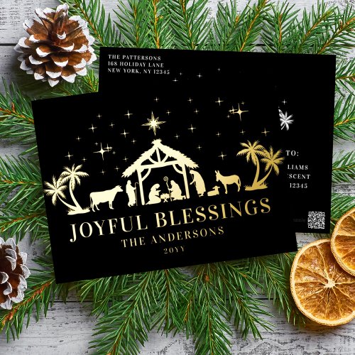 Religious Christmas Joyous Blessings Manger Holy Foil Holiday Postcard