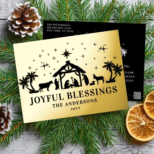 Religious Christmas Joyous Blessings Manger Holy Foil Holiday Postcard