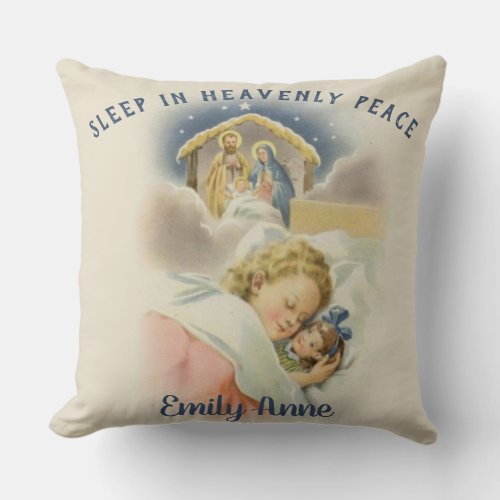 Religious Christmas Little Girl with Doll Throw Pillow