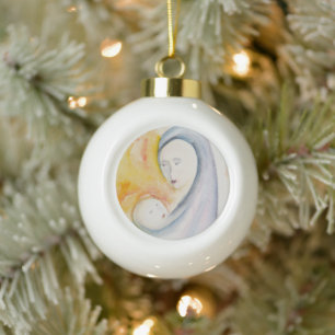 Religious Christmas Madonna and Child Watercolor Ceramic Ball Christmas Ornament