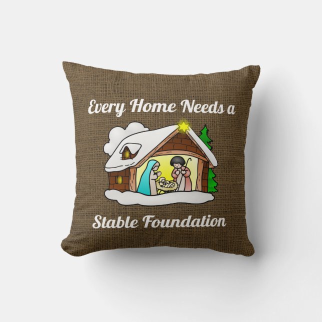 Religious Christmas Nativity Quote Rustic Burlap Throw Pillow (Front)