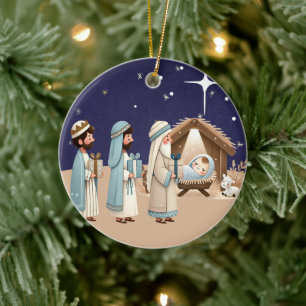 Religious Christmas Nativity Scene and Scripture Ceramic Ornament