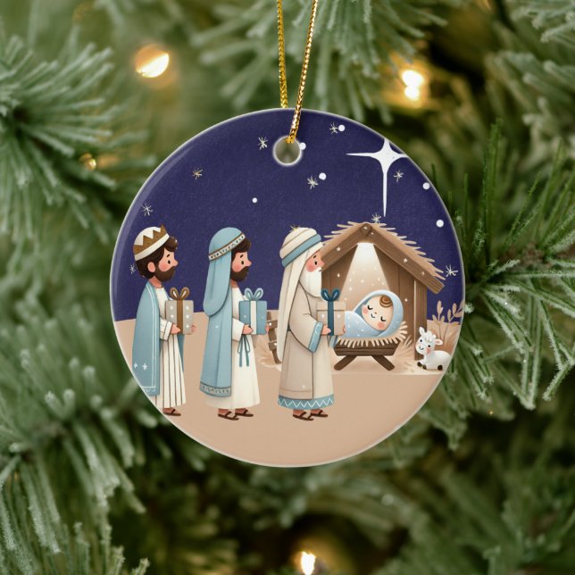 Religious Christmas Nativity Scene and Scripture Ceramic Ornament (Tree)