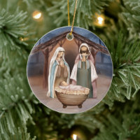 Religious Christmas Nativity Scene and Scripture Ceramic Ornament