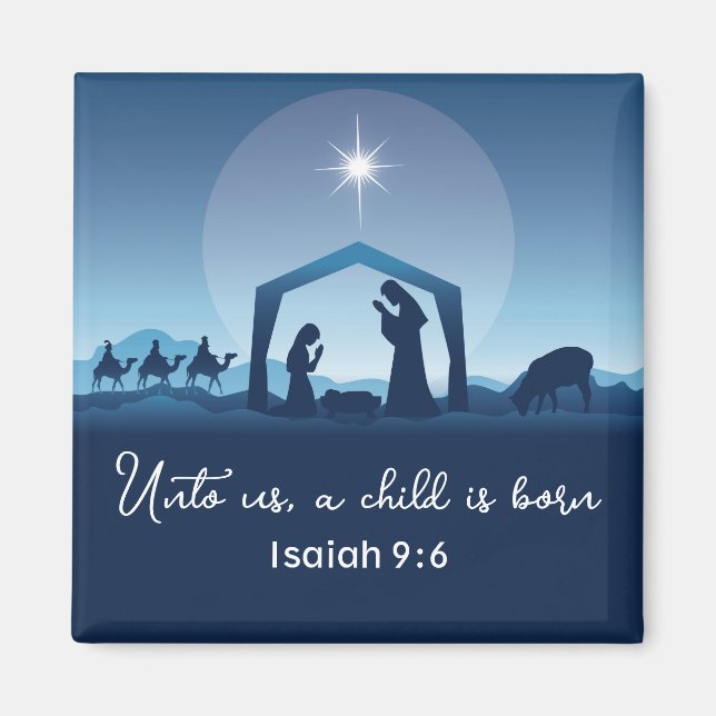 Religious Christmas Nativity Scene Blue Christian Magnet (Front)