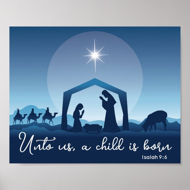 Religious Christmas Nativity Scene Blue Christian Poster (Front)