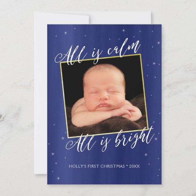 Religious Christmas Photo Card in Navy Blue & Gold (Front)