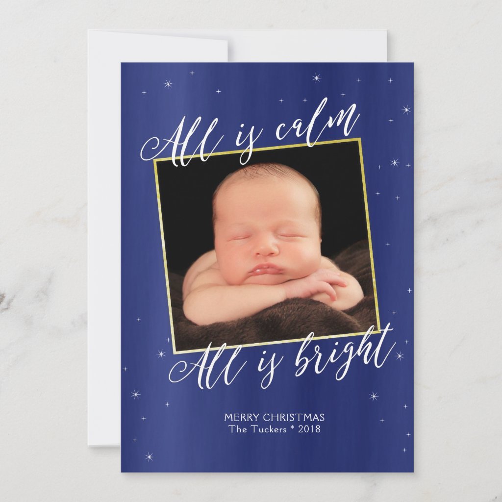 Religious Christmas Photo Card in Navy Blue & Gold