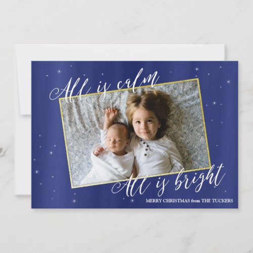 Religious Christmas Photo Card Navy Blue Gold Holiday Card