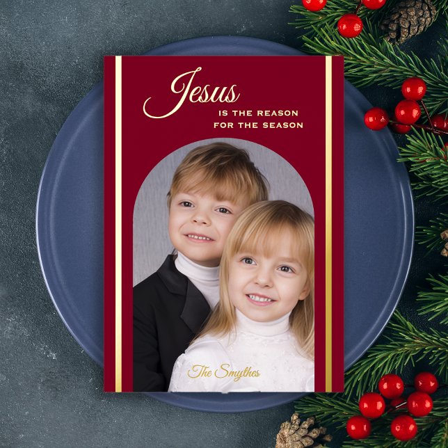 Religious Christmas Photo Jesus Burgundy Gold Foil Invitation (Creator Uploaded)