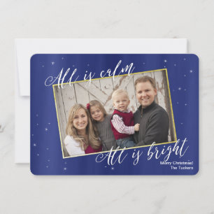 Religious Christmas Photo Navy Blue Gold Holiday Card