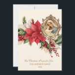 Religious Christmas Poinsettia Mother Mary Jesus Holiday Card<br><div class="desc">Featuring a beautiful gold framed image of the Blessed Mother Mary and Baby Jesus overlaid on a red poinsettia floral spray. The Sacred Hearts of Jesus Mary and Joseph are on the back. All text and fonts can be modified.</div>
