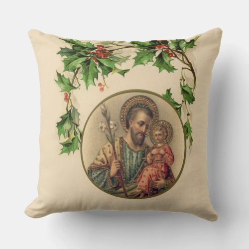 Religious Christmas St Joseph  Baby Jesus Holly Throw Pillow
