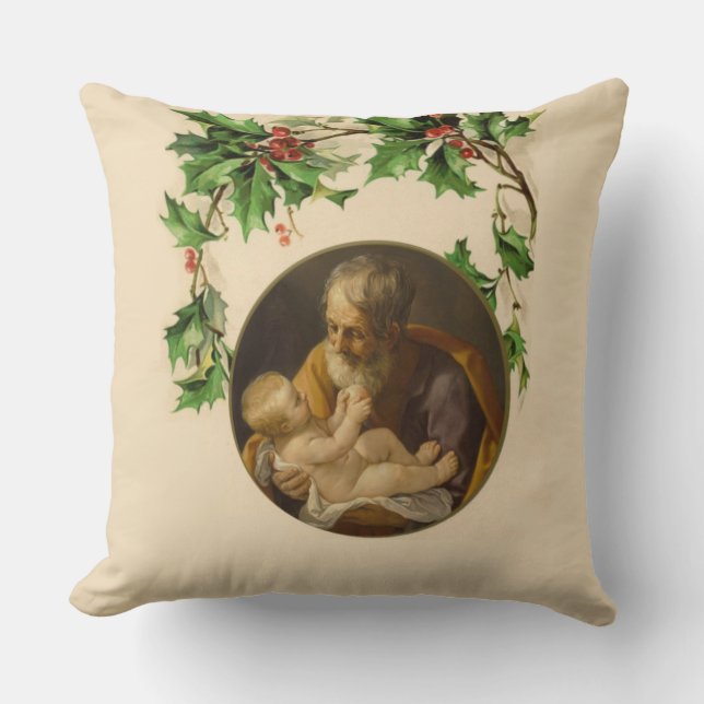 Religious Christmas St. Joseph  Baby Jesus Holly Throw Pillow (Front)