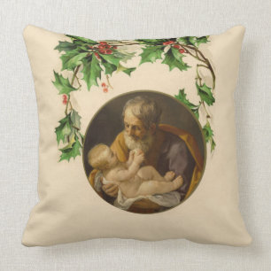 Religious Christmas St. Joseph Baby Jesus Holly Throw Pillow