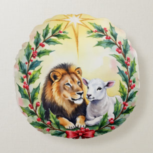 Religious Christmas The Lion and the Lamb and Star Round Pillow
