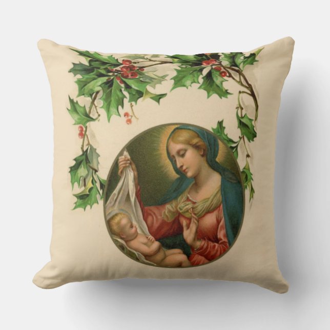 Religious Christmas Virgin Mary Baby Jesus Floral Throw Pillow (Front)