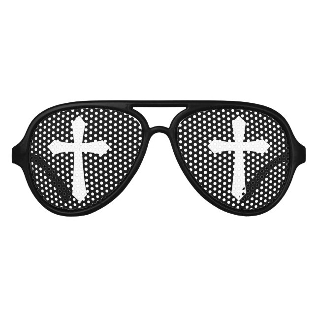 Religious Church Cross Black and White Aviator Sunglasses (Front)