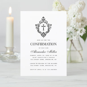 Religious Confirmation Black & White Vintage Crest Invitation