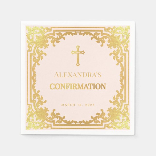  Religious Confirmation Girl Pink Faux Gold Cross Napkins (Front)