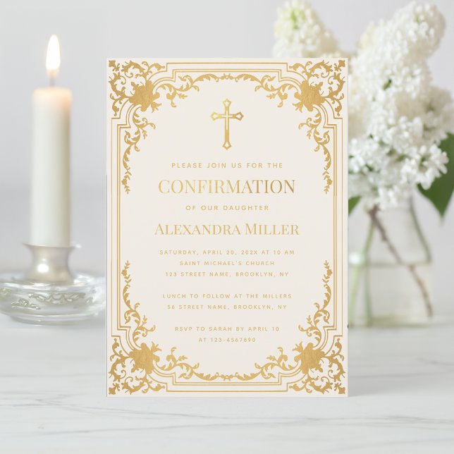 Religious Confirmation Ivory Faux Gold Vintage  Invitation (Creator Uploaded)