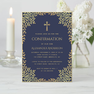 Religious Confirmation Navy Blue Gold Leaves Boy Invitation