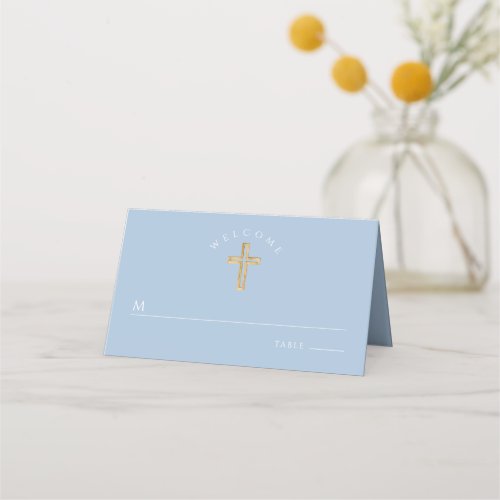Religious Cross Baby Blue Boy Baptism Place Card