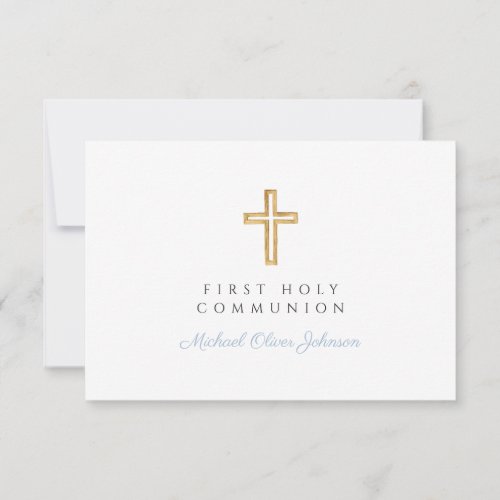 Religious Cross Baby Blue Boy First Communion  RSVP Card