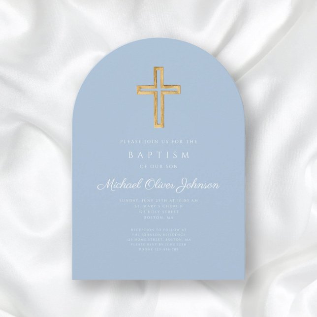 Religious Cross Baby Blue Script Boy Baptism Arch Invitation (Religious Cross Baby Blue Script Boy Baptism Arch Invitation)