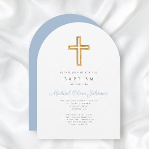 Religious Cross Baby Blue Script Boy Baptism Arch Invitation