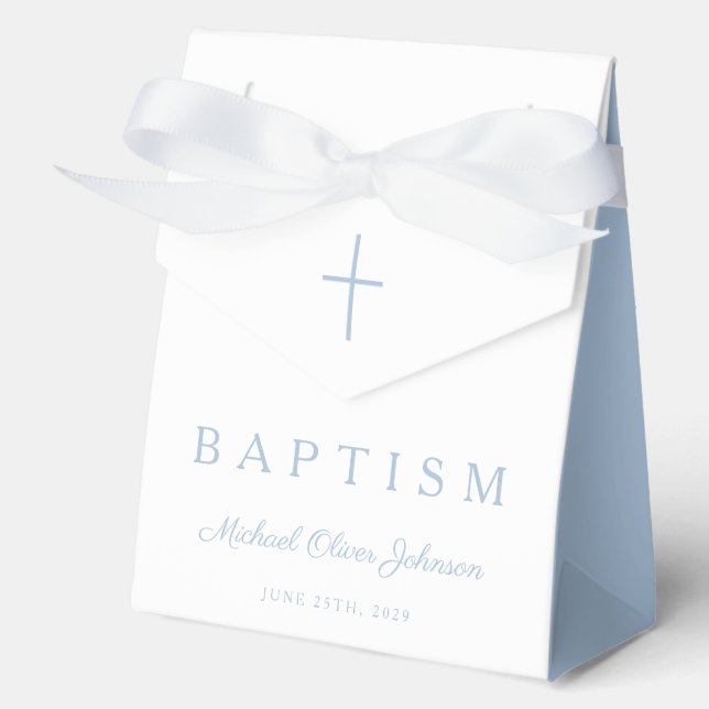 Religious Cross Baby Blue Script Boy Baptism  Favor Boxes (Front)
