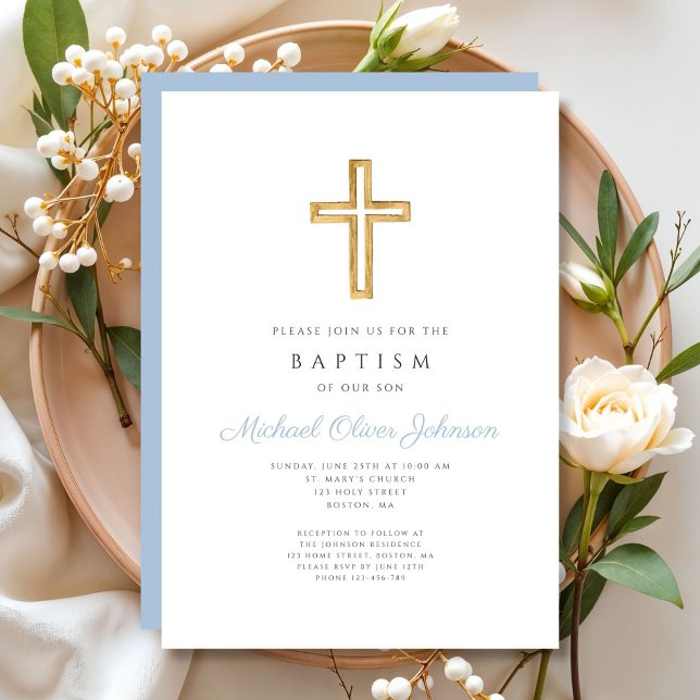 Religious Cross Baby Blue Script Boy Baptism Invitation (Religious Cross Baby Blue Script Boy Baptism Invitation)
