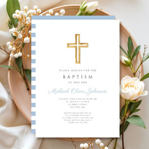 Religious Cross Baby Blue Script Boy Baptism Invitation