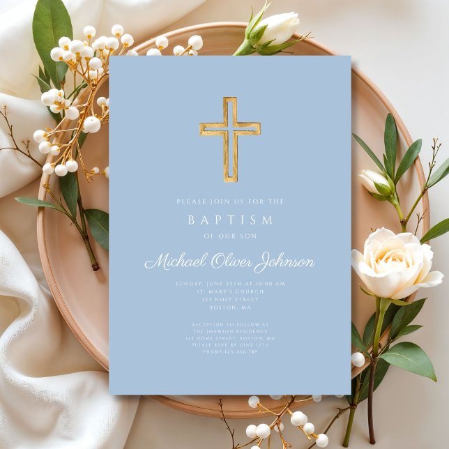 Religious Cross Baby Blue Script Boy Baptism Invitation (Religious Cross Baby Blue Script Boy Baptism Invitation)