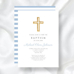 Religious Cross Baby Blue Script Boy Baptism Invitation