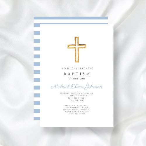 Religious Cross Baby Blue Script Boy Baptism Invitation