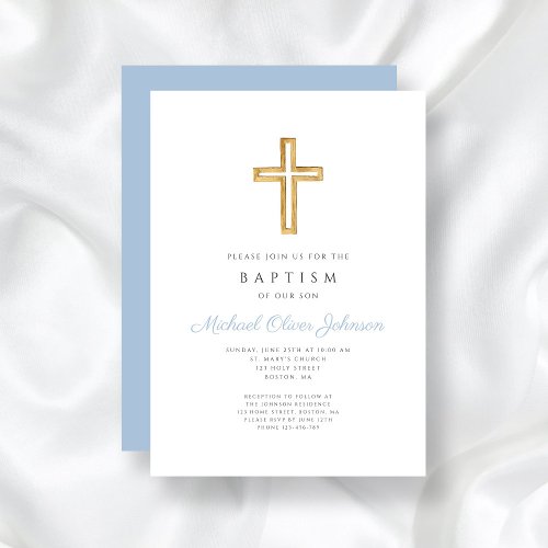 Religious Cross Baby Blue Script Boy Baptism Invitation