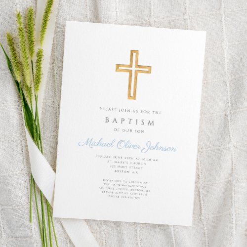 Religious Cross Baby Blue Script Boy Baptism Invitation