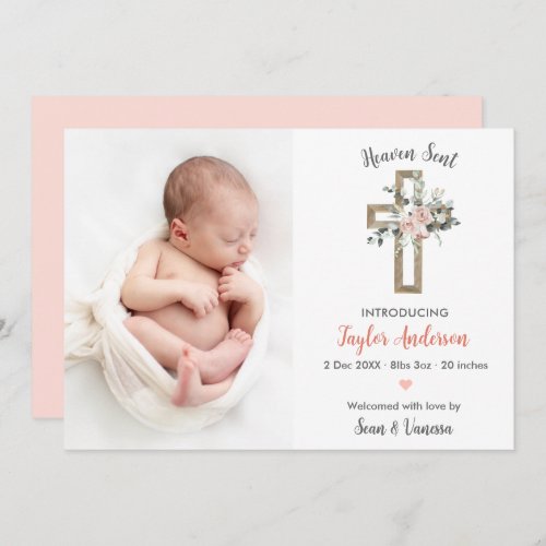 Religious Cross Birth Announcement Photo Card Pink