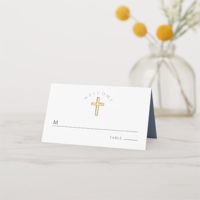 Religious Cross Blue Boy Baptism Place Card (Front)