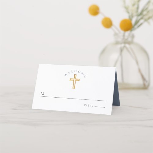 Religious Cross Blue Boy Baptism Place Card