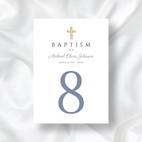 Religious Cross Blue Boy Baptism Table Number