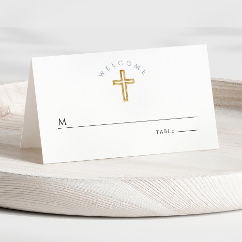 Religious Cross Blue Boy First Communion Place Card