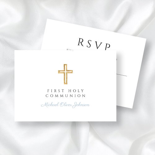 Religious Cross Blue Boy First Communion  RSVP Card
