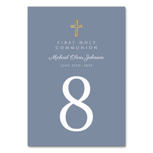 Religious Cross Blue Boy First Communion Table Number