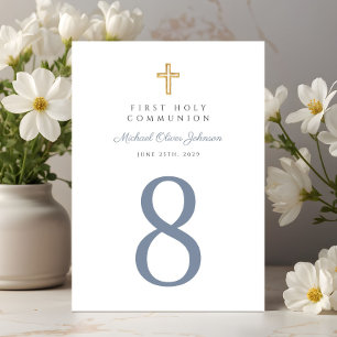Religious Cross Blue Boy First Communion Table Number