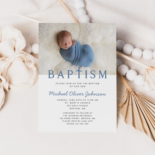Religious Cross Blue Photo Boy Baptism Invitation